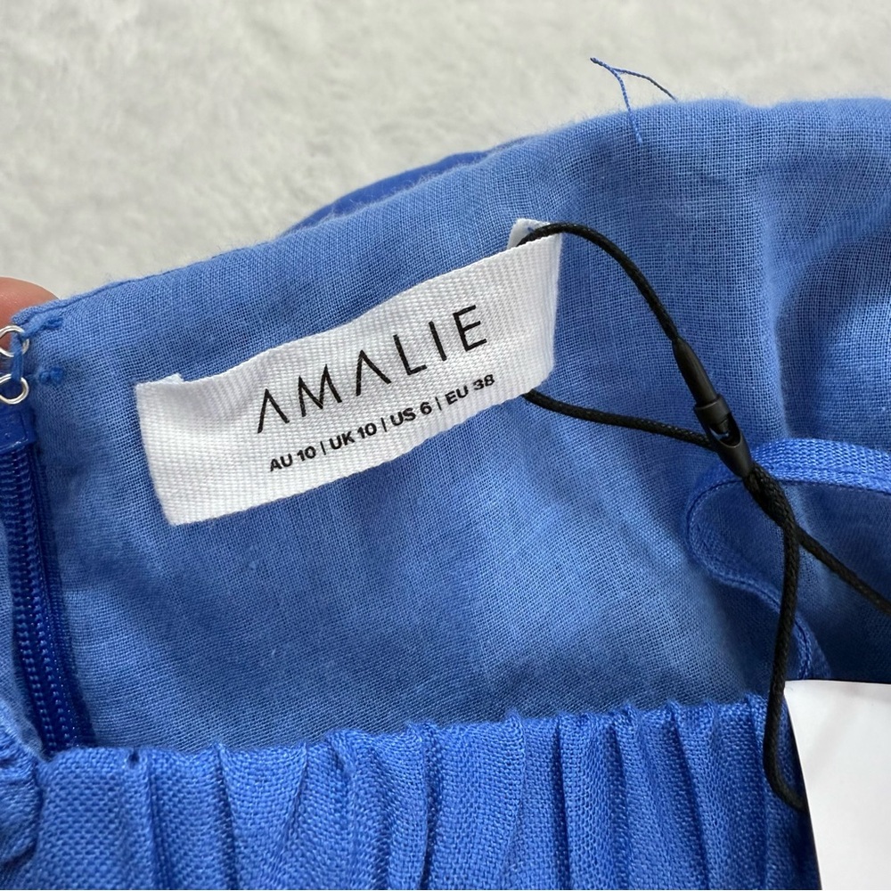 NEW Amalie the Label by Showpo Khaila LInen Lunge Puff Sleeve Mini Dress Blue 6 - Picture 9 of 15